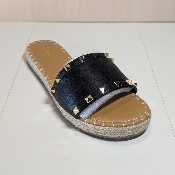BAMBOO Shoes - Bamboo Women Open Toe Studded Espadrille Platform Fashion Slides - Black -